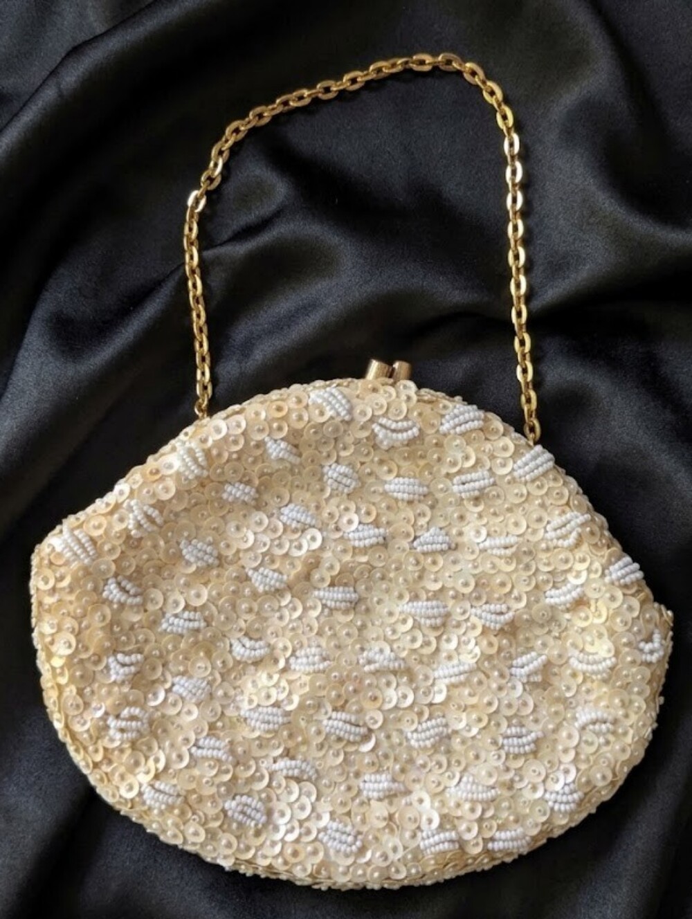 Vtg Hand-Beaded Ivory Sequin Evening Bag | Made in Hong Kong